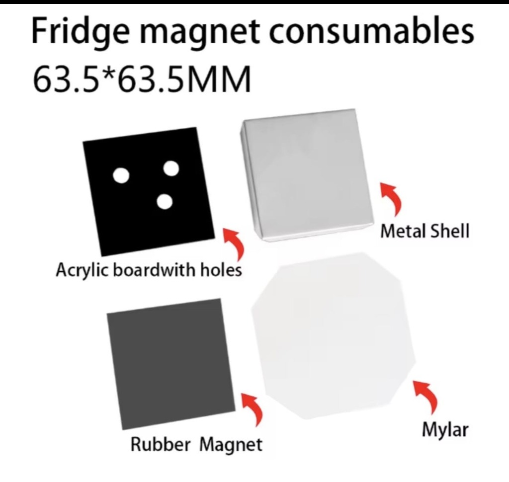 Picture magnet build — acrylic board, metal shell, rubber magnet, and mylar
