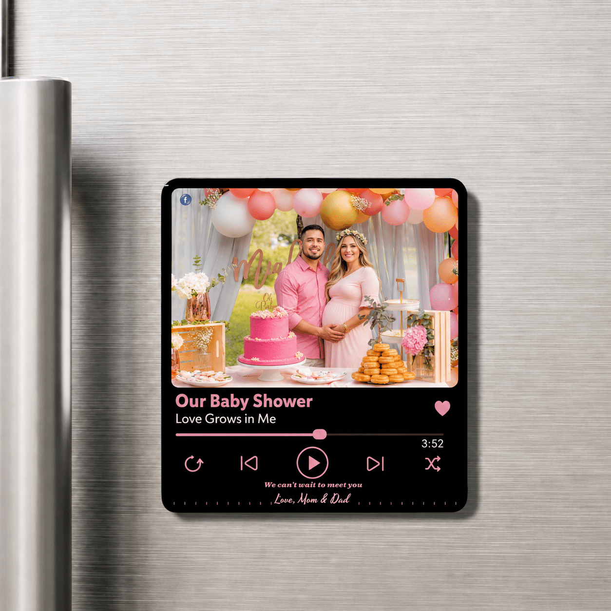 Custom baby shower musical photo magnet playing audio keepsake on a fridge